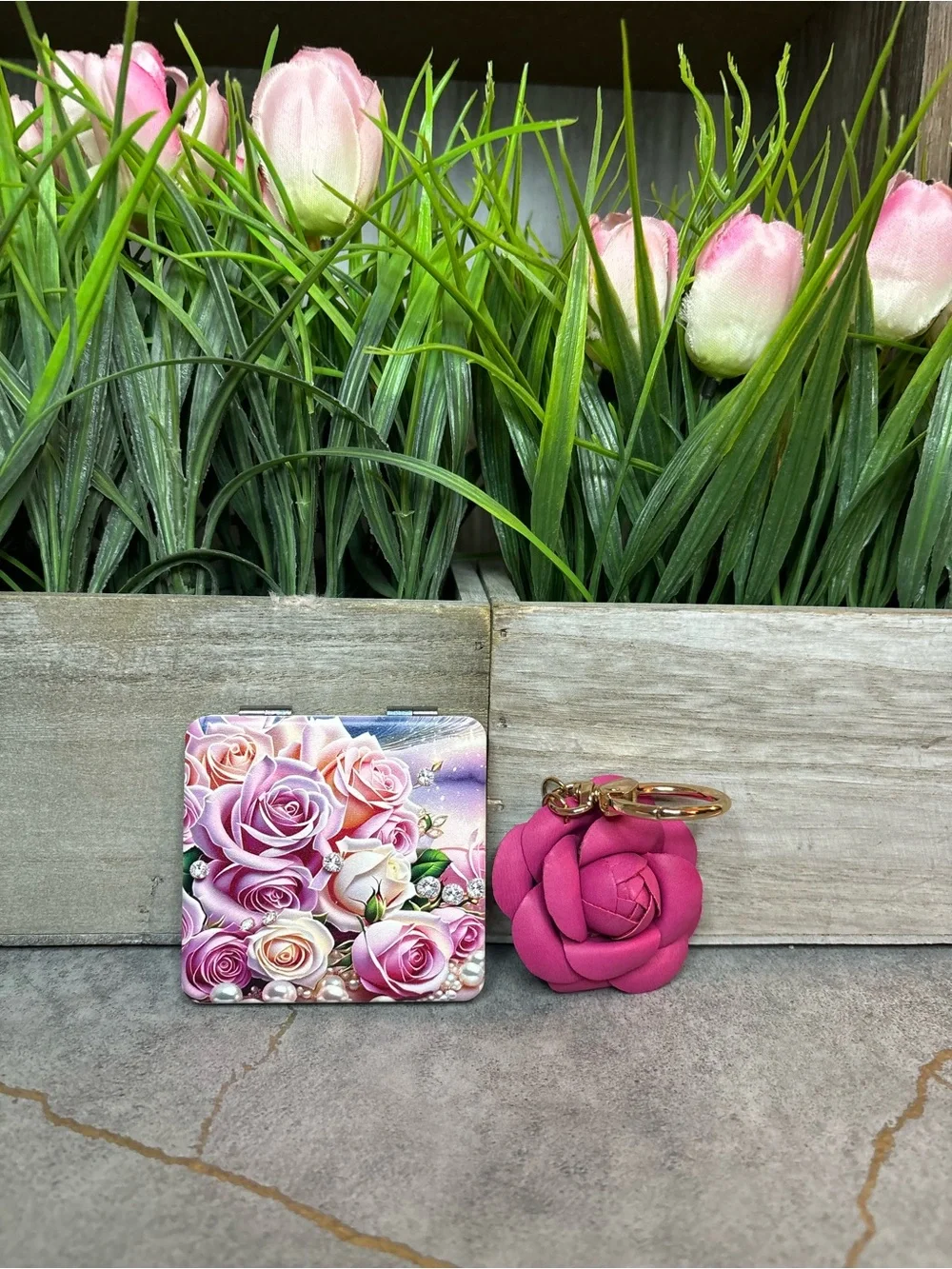 Pink Rose Key & Card Holder Set with Floral Compact and Rose Keyring